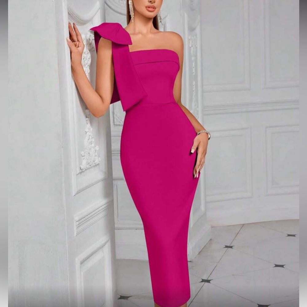 One-Shoulder Hot Pink  Midi Dress with Bow Detail